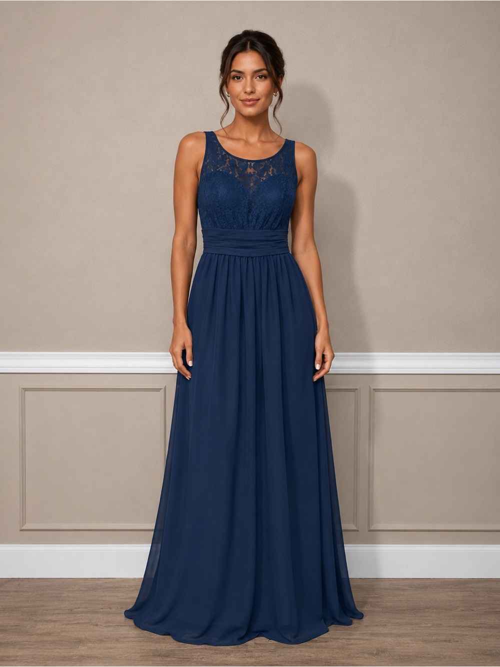 Christina Wu Navy Lace Bodice Chiffon Maxi Dress